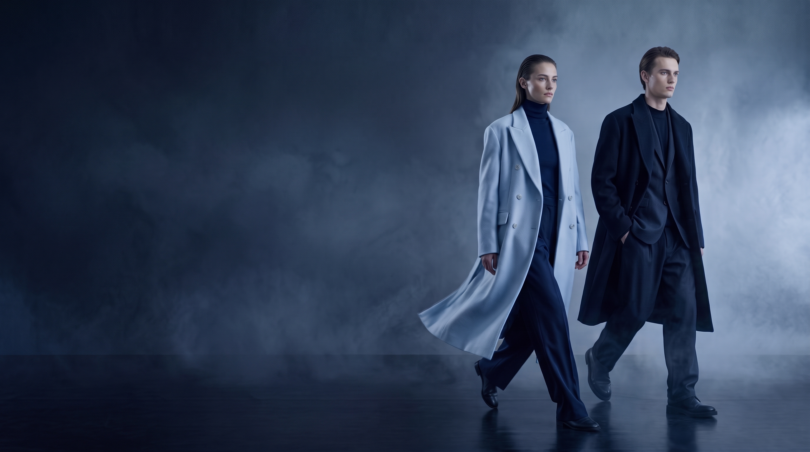 Two GLOPHRA models in pale blue and midnight tailoring moving through a cool blue atmosphere